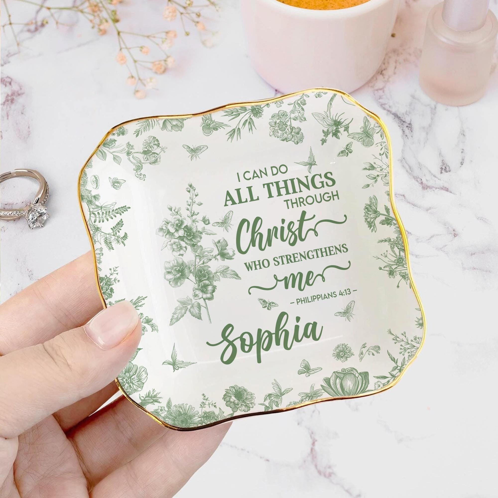 Personalized Christian Jewelry Dish, Bible Verse Ring Dish, Philippians 4:13 Gift, Custom Name Faith Tray, Religious Inspirational Home Decor JDLAF07